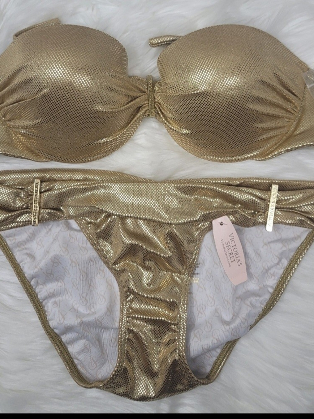 Victoria's Secret Shimmery Gold Strapless Bikini Set Push Up Top